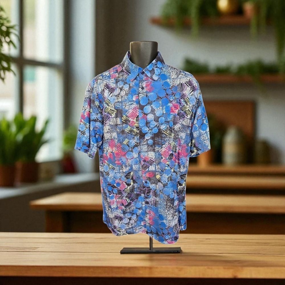 BASSIRI MEN'S CASUAL ABSTRACT SHORT SLEEVE SHIRT. ROYAL PURPLE BLUE FUSCIA. 1050